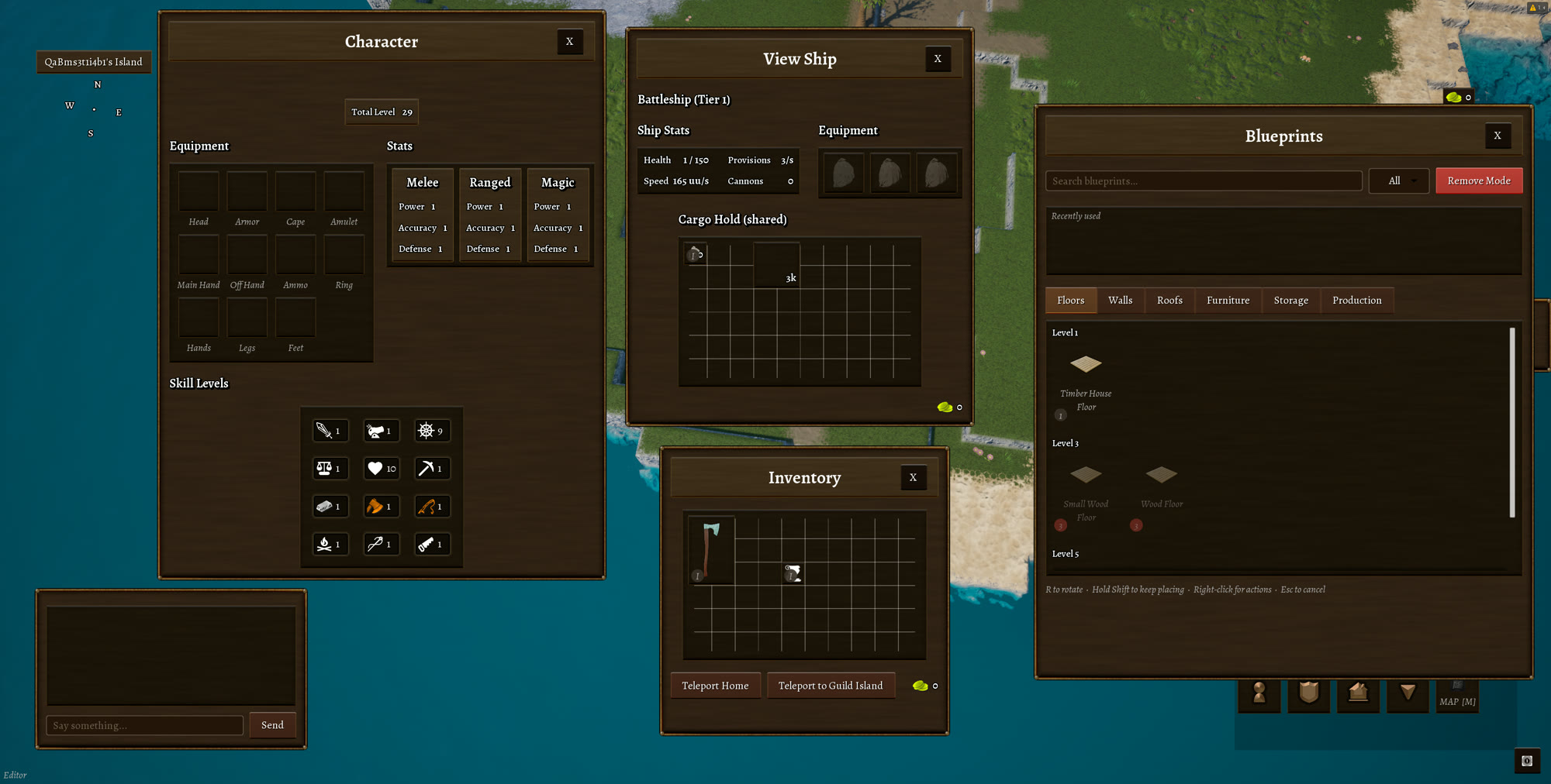 User Interface panels for the character, inventory, ship, and building views laid out together