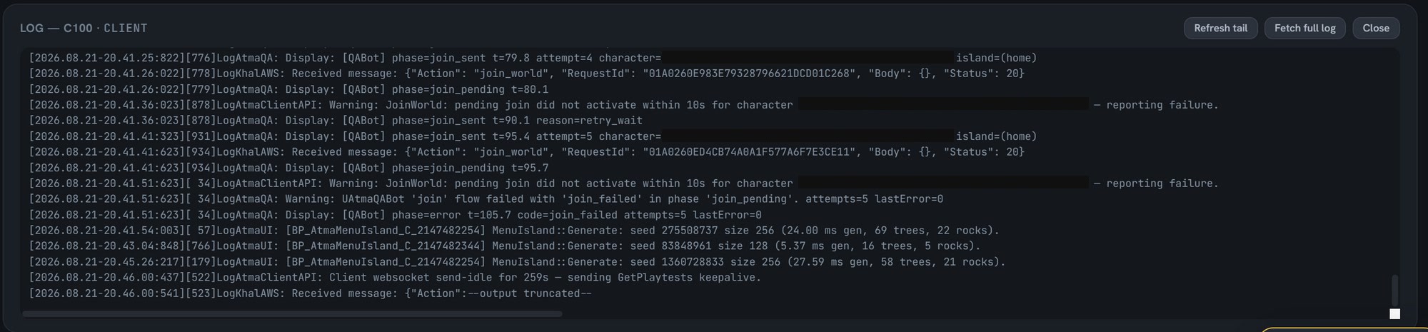 The log preview feature of the tool showing one of the client's logging its join world failure.