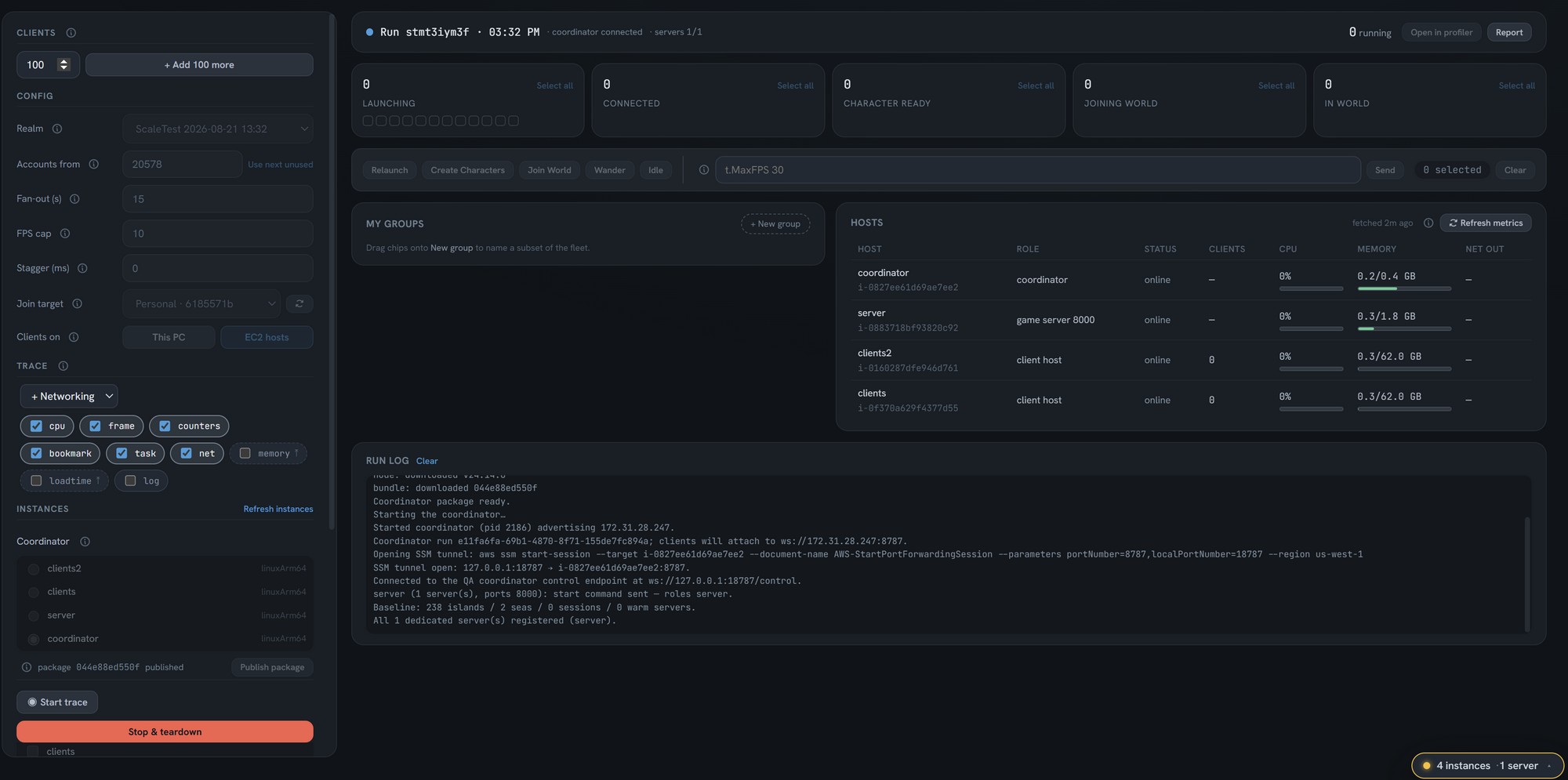 The test before it starts running. The instances show some preview stats to the right.