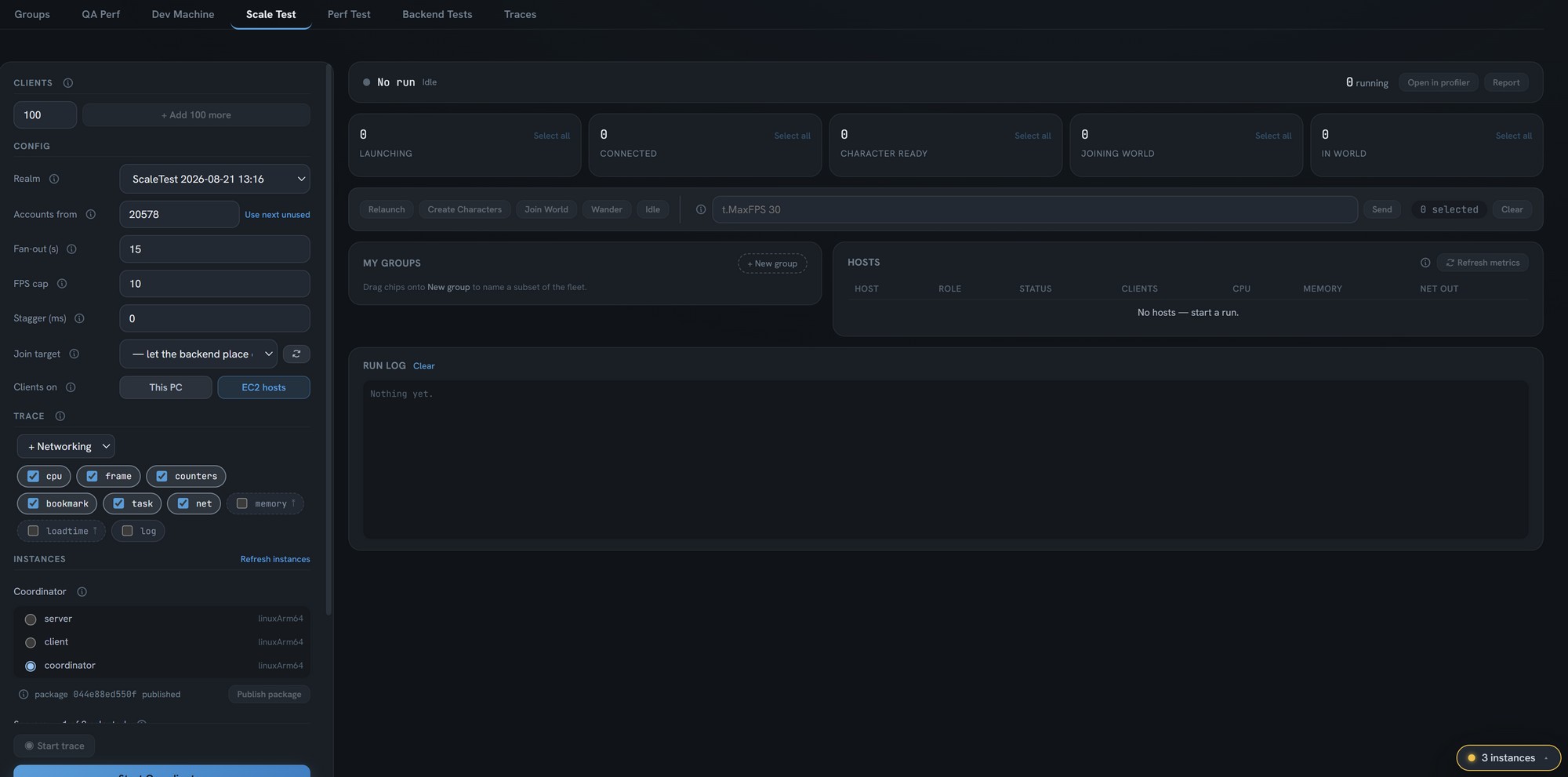 The UI layout of my test section, showing config to the left and runtime information on the right.