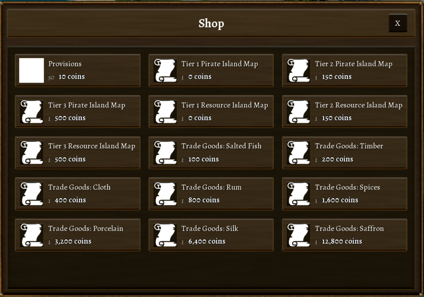 The shop panel, with tons of entries that have the same icon.