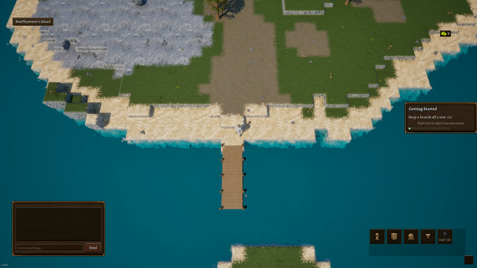 A fresh character on their island in Atma, with the tutorial prompt to the right of the screen
