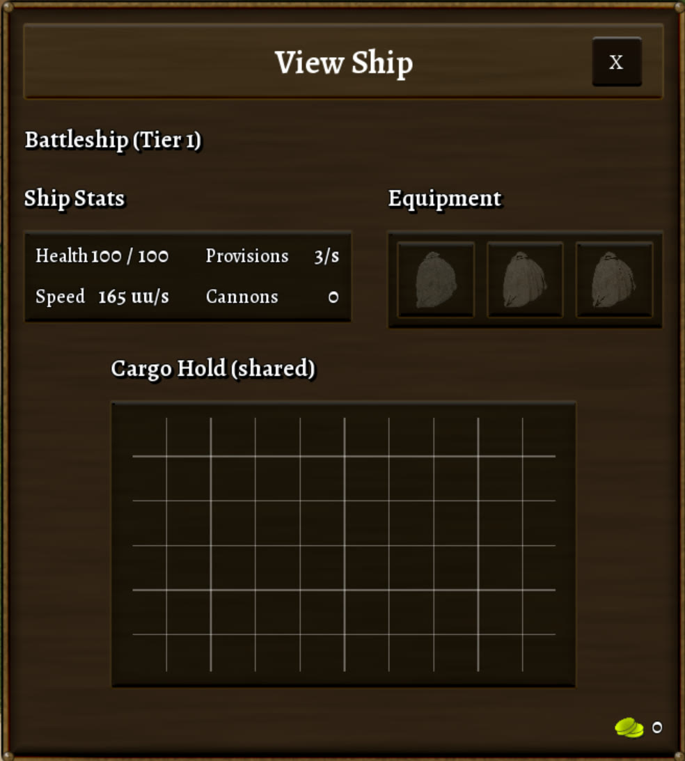 An image of the ship view panel, showing ship stats, empty equipment, and an empty cargo