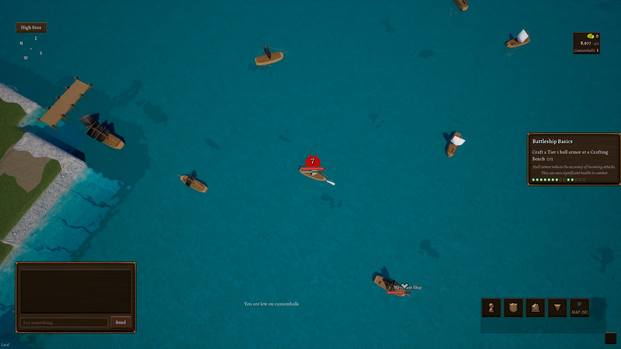 A player ship taking some damage from an enemy merchant ship in combat