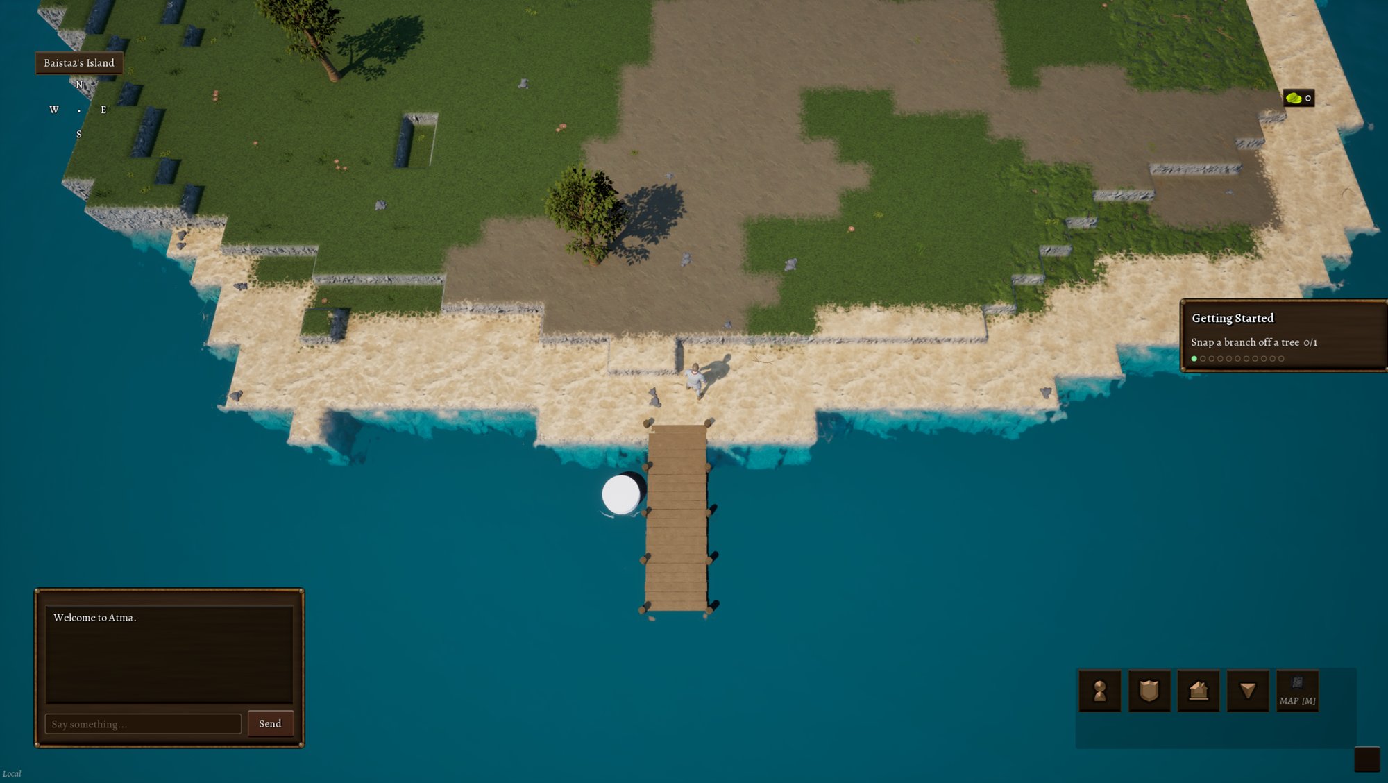 A fresh character standing in their spawn location on a small island. A dock visible below them, some trees above them.