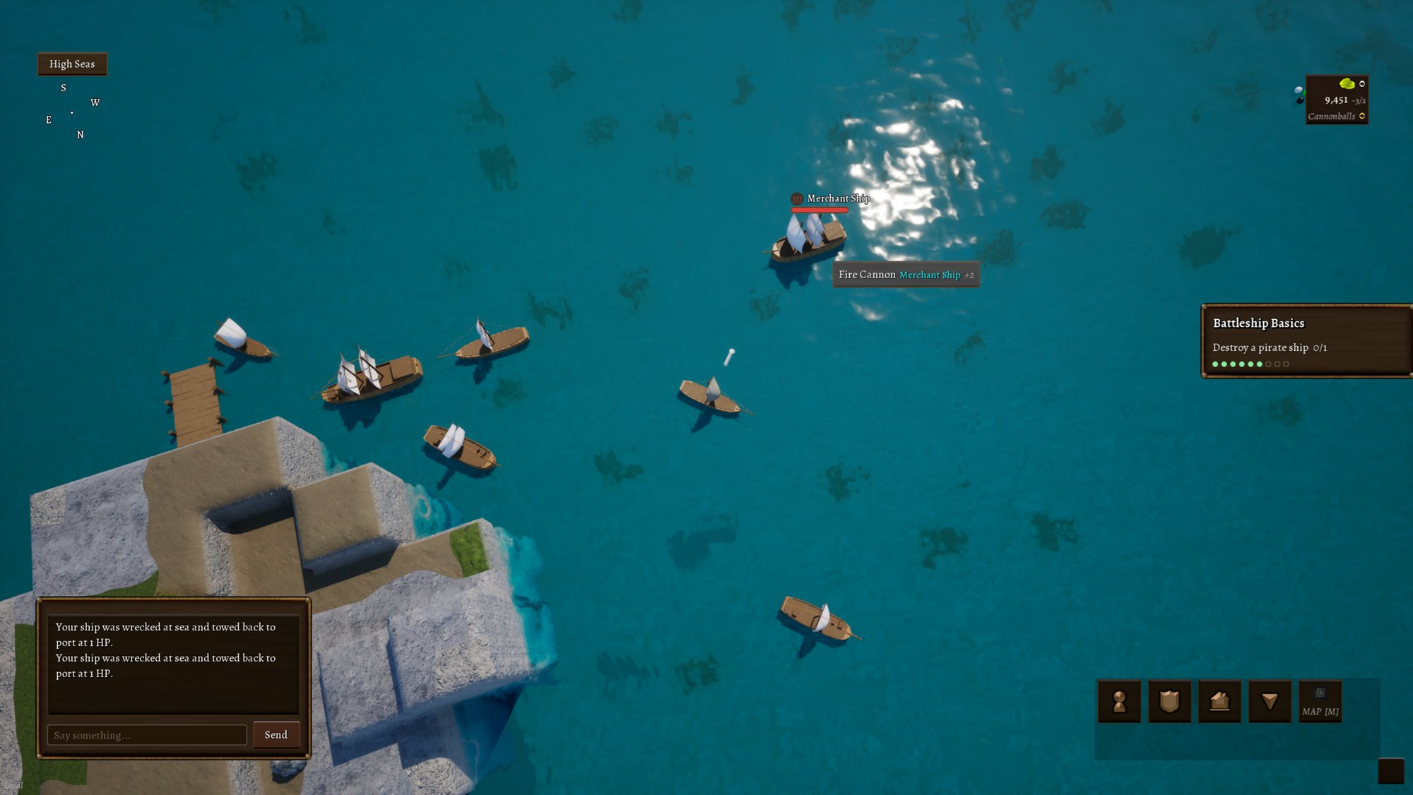 The player sails away from their island. A few trade ships follow their routes nearby and the player hovers over a Tier 3 Merchant Ship.